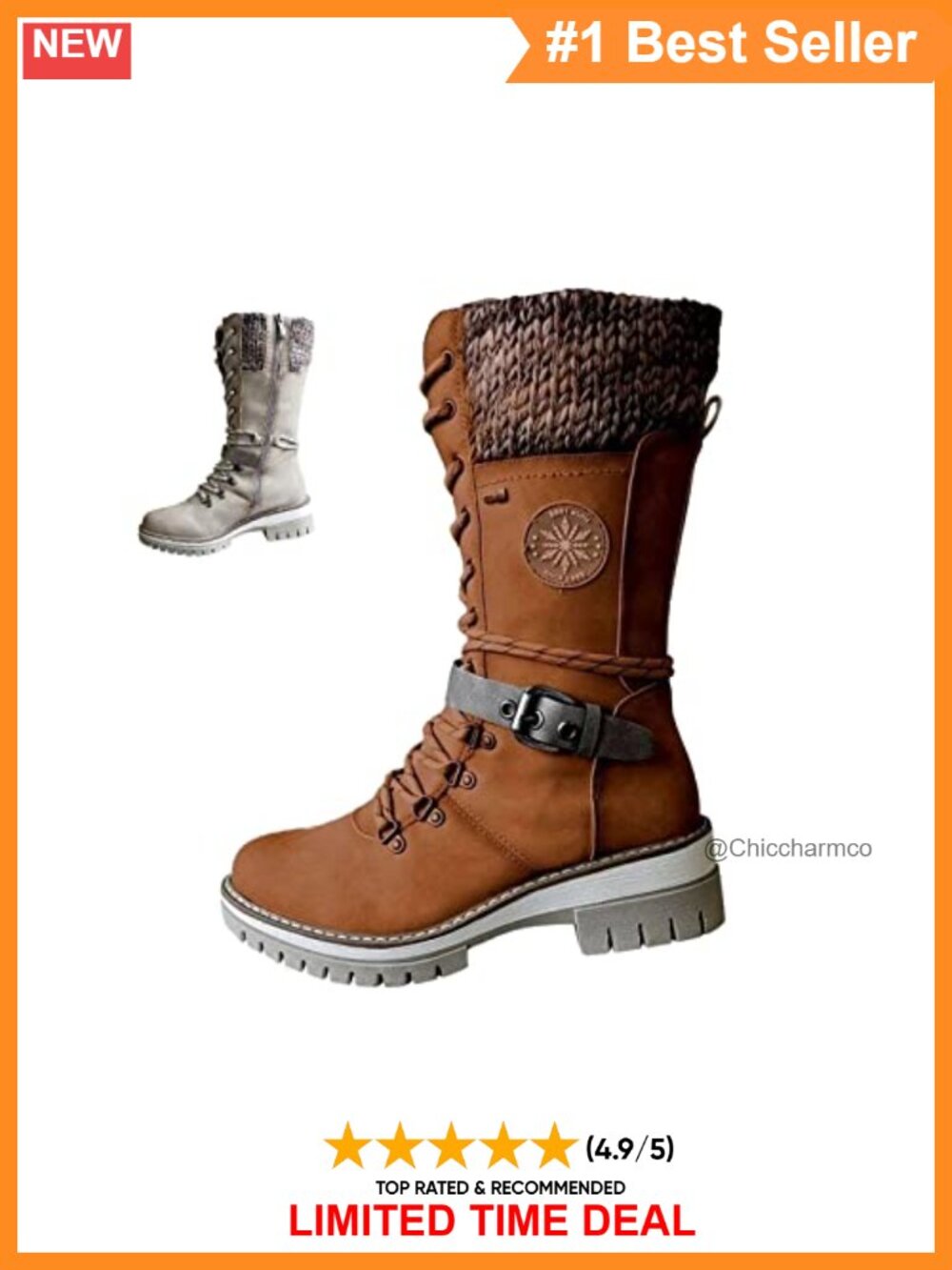 Women's Mid-Calf Snow Boots Faux Leather Fur Lined Lug Sole Lace-Up